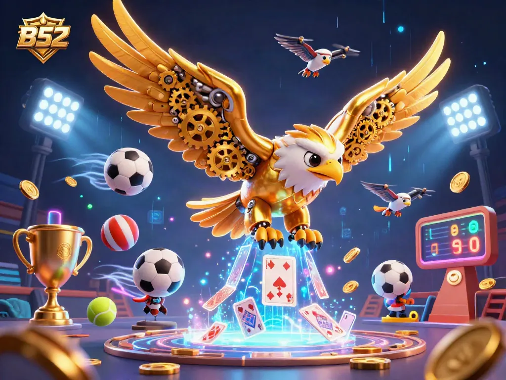 B52 gaming strategies illustrated with a cybernetic eagle and dynamic sports elements, showcasing a vibrant casino landscape.