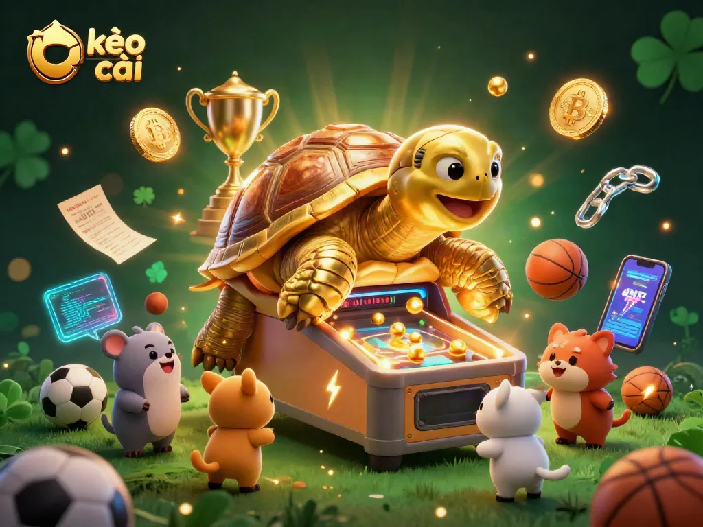 Engage with kèo nhà cái through vibrant sports-themed illustration featuring betting elements and a golden tortoise.