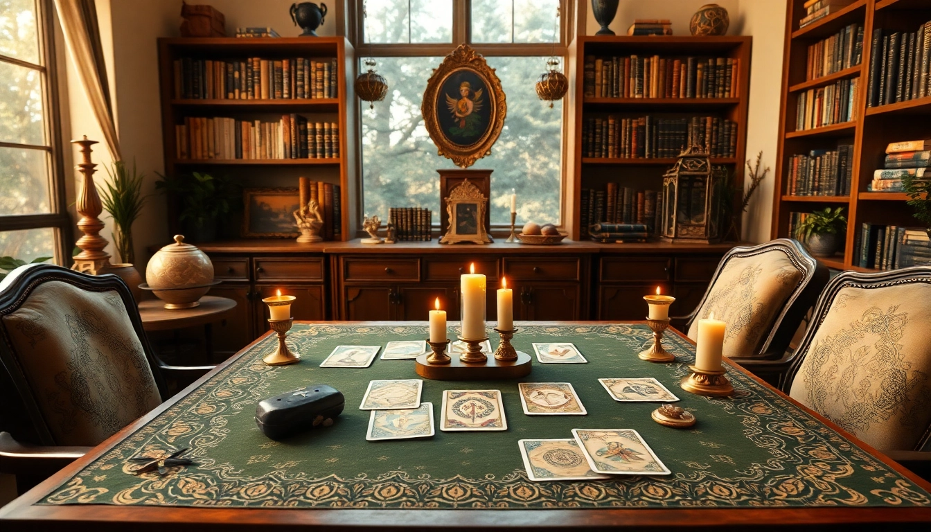 Verstehen tarotkarten bedeutung in einem gemütlichen und mystischen Raum mit Tarotkarten und Kerzen.