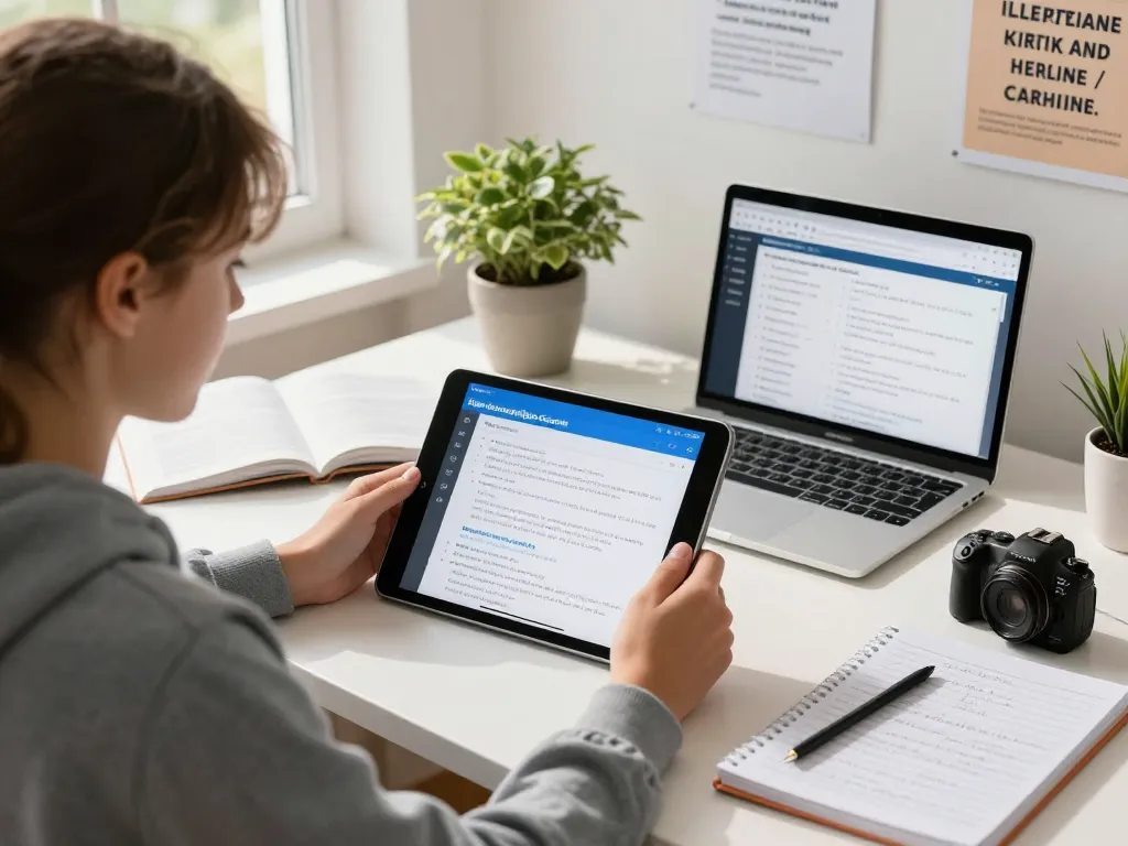 Schüler verwendet Hausaufgaben-Scanner-App auf einem Tablet in einer hellen Lernumgebung mit Büchern und motivationalen Postern.