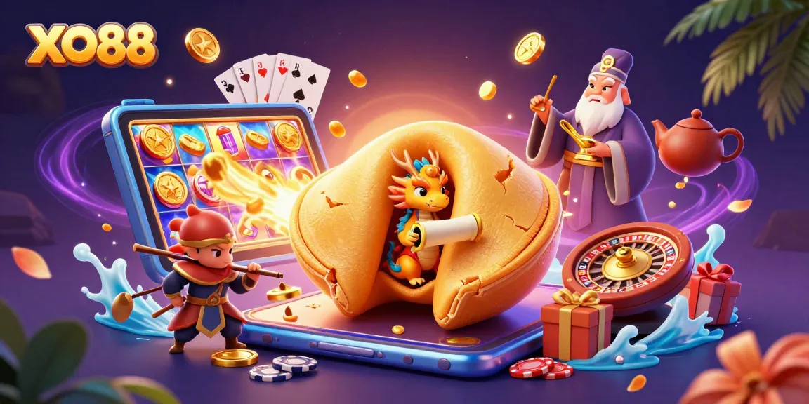 Experience the excitement of XO88 with golden coins and vibrant slot games in an engaging casino scene.