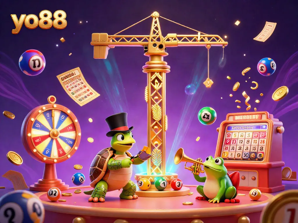 Engage with yo88's excitement as colorful lottery balls bounce in a vibrant casino scene featuring lively characters.
