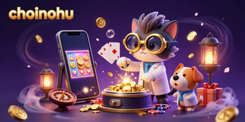 Experience choinohu's thrilling slot game scene featuring a mad scientist cat and lab assistant.