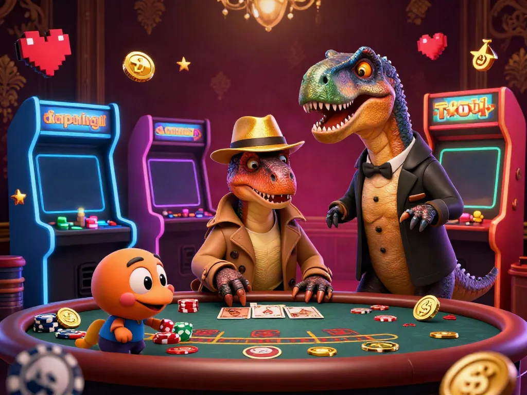 Experience the thrilling action of ta88 with a velociraptor card counter and stegosaurus pit boss in a vibrant casino scene.