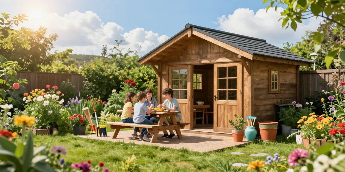 Gartenhäuser von McGarden24 in einer blühenden Gartenlandschaft mit Familie beim Picknick.
