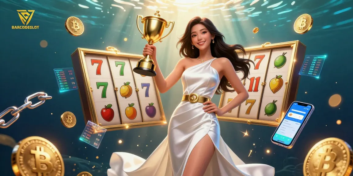 Experience the thrill of BARCODESLOT with vibrant slot game elements and crypto visuals.