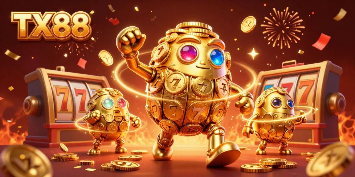 Experience the excitement at TX88 with a golden golem surrounded by slot game elements.