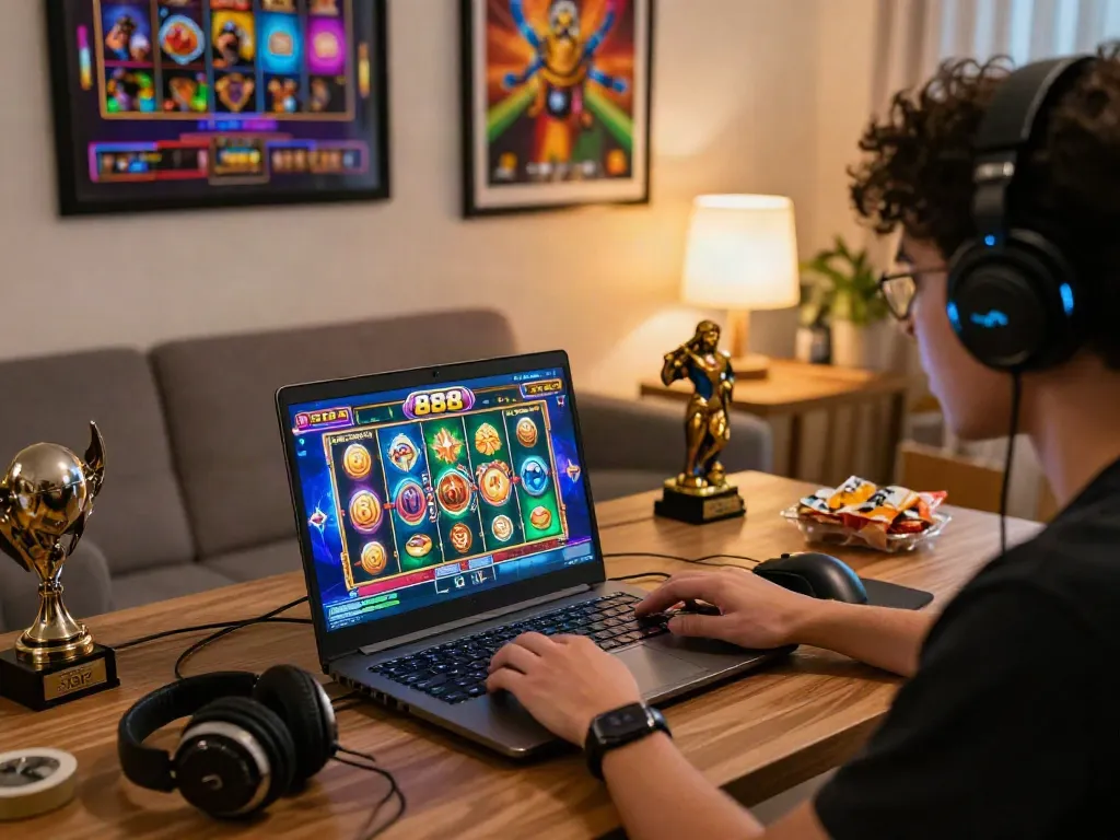 Player enjoying slot88 gaming experience on a laptop in a cozy home setup.