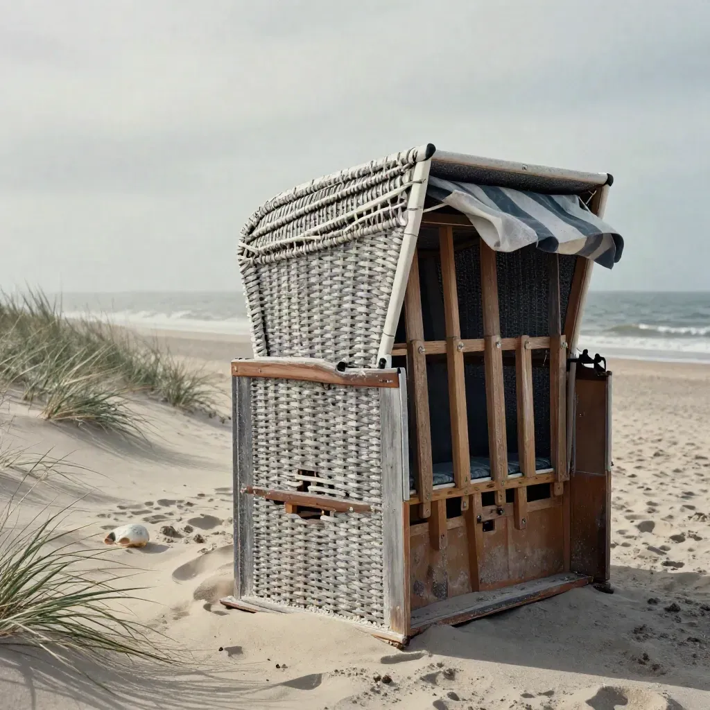 Windgepeitschter Strandkorb an der Düne mit Decke und Muschel im nassen Sand.