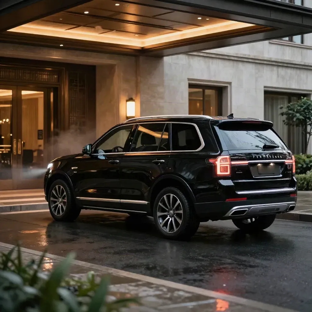 Schwarzer SUV am Hoteleingang, nasser Bordstein, halb offene Tür im warmen Abendlicht.