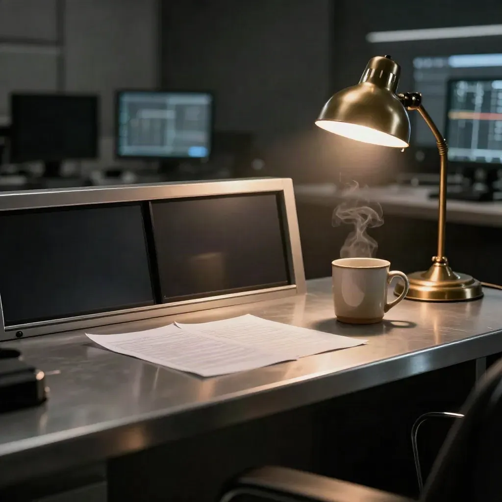 Leerer Nachrichtentisch im TV-Studio mit Lampe, Tasse und dunklen Monitoren bei Nacht.