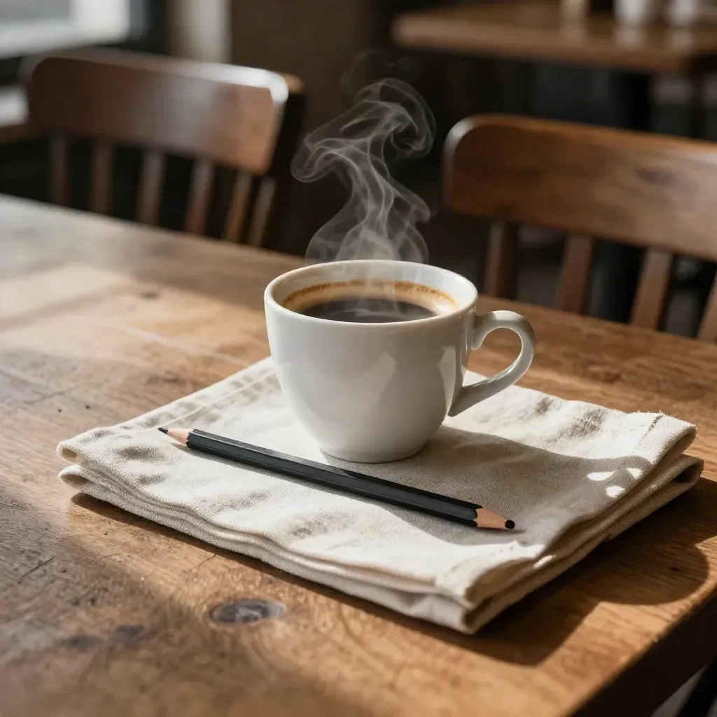 Umgedrehte Tasse, Bleistift und Leinenserviette auf einem Café-Tisch im warmen Fensterlicht.