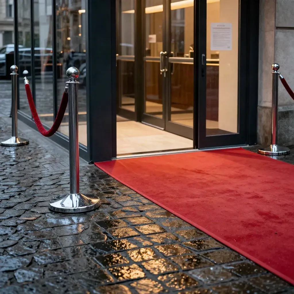 Nasser Kinoeingang in Berlin, geöffnete Türen, Licht auf Kopfsteinpflaster und Chrompollern.