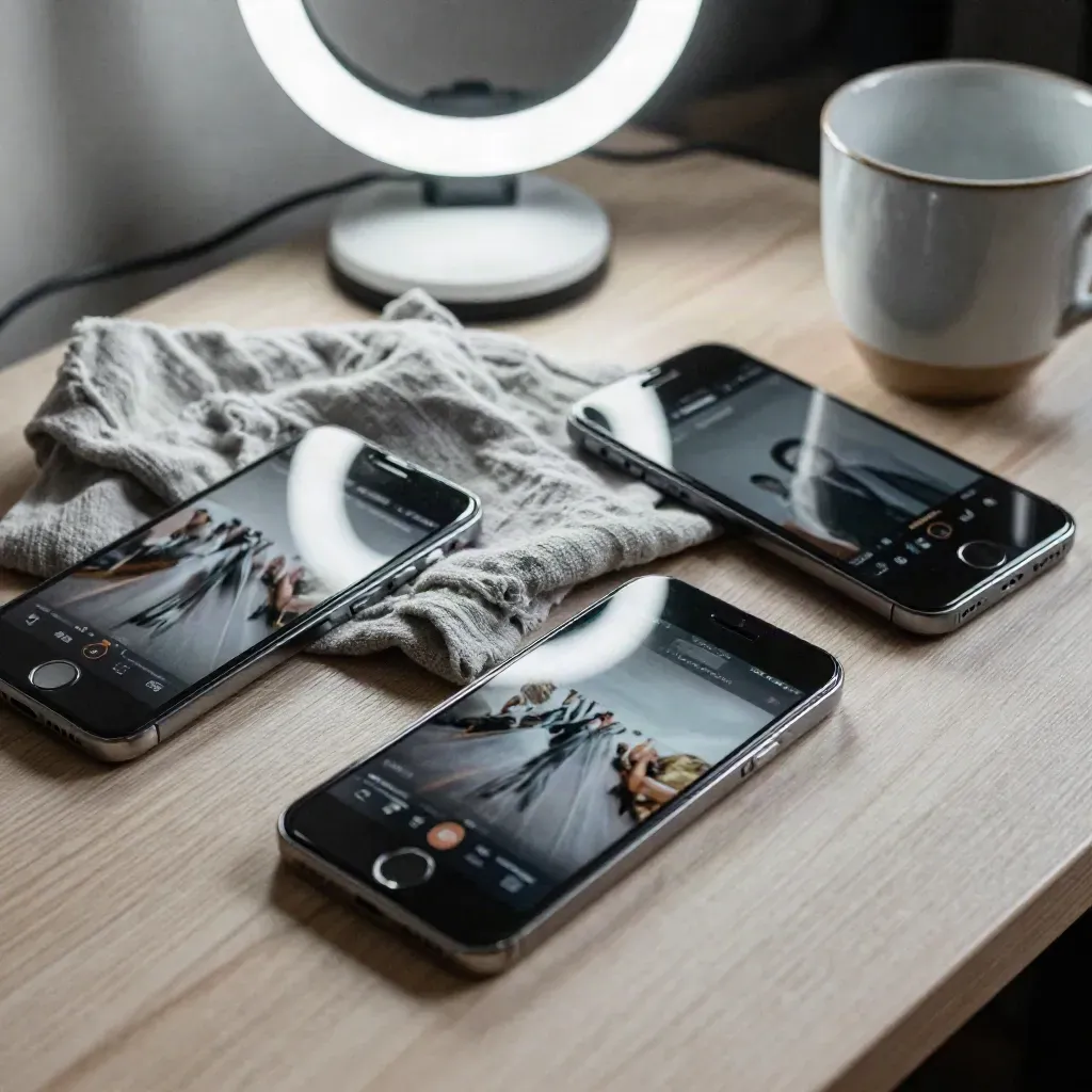 Drei Smartphones mit flackernden Trend-Feeds, Ringlicht, Stofftuch und Tasse auf kleinem Tisch.
