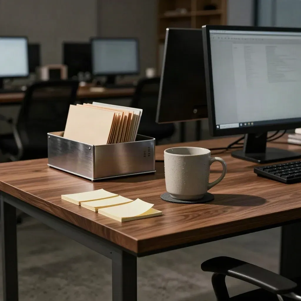 Dunkler Newsroom-Schreibtisch bei Lampe, Karten, kalter Tasse und schmalem Monitor in Abendruhe.