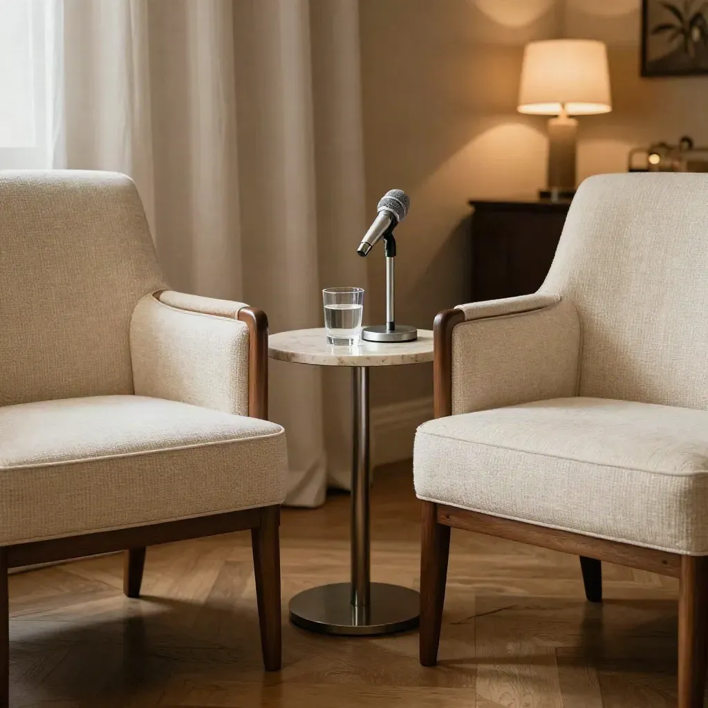 Zwei leere Interviewstühle, Mikrofon und Wasserglas in warmem Abendlicht.