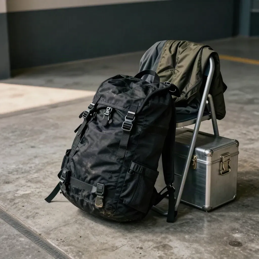 Leerer Rettungsrucksack, Stuhl, Jacke und Metallkiste auf Betonboden im stillen Einsatzraum.