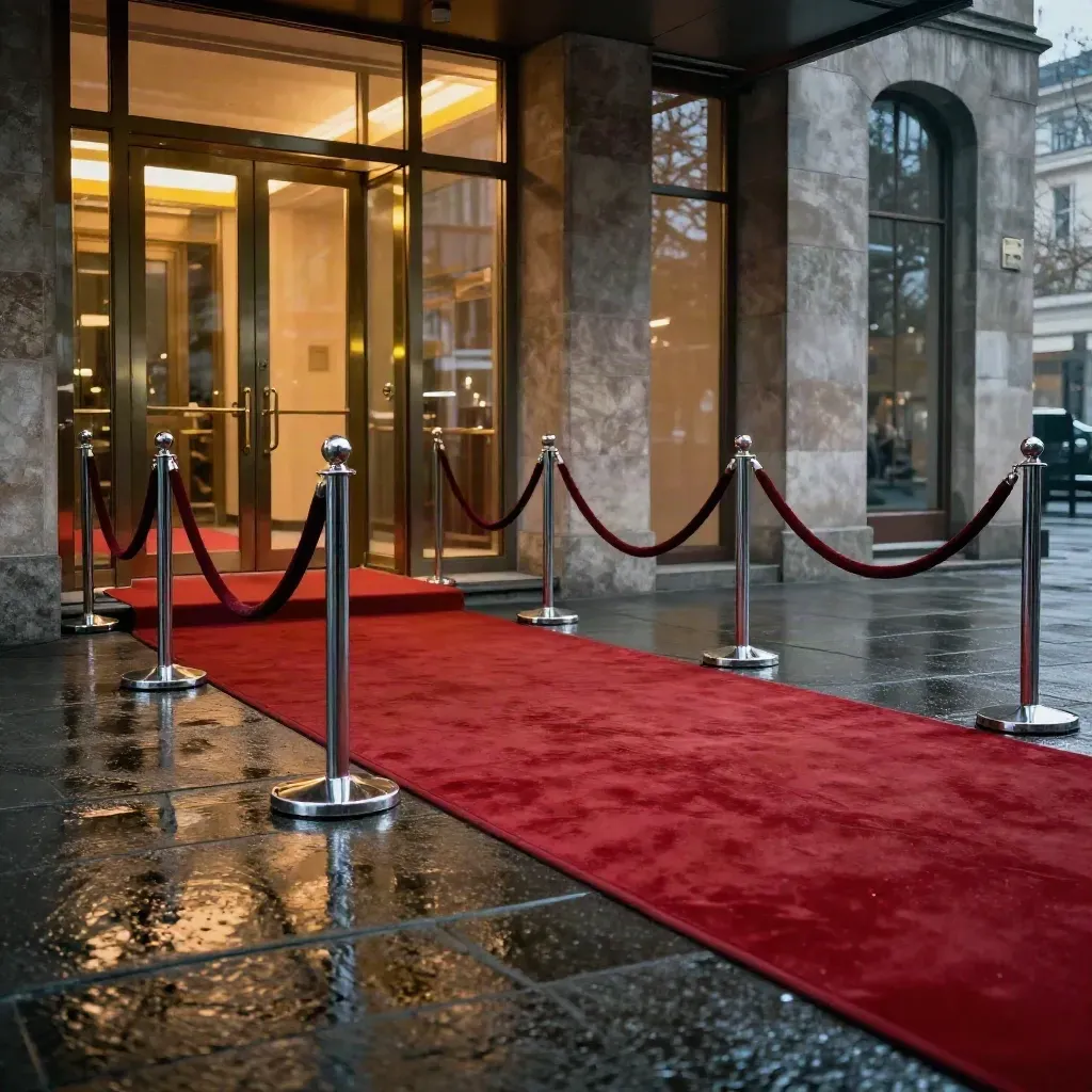 Leerer roter Teppich mit Chrompfosten, Samtseilen und Glasfassade bei Nässe.