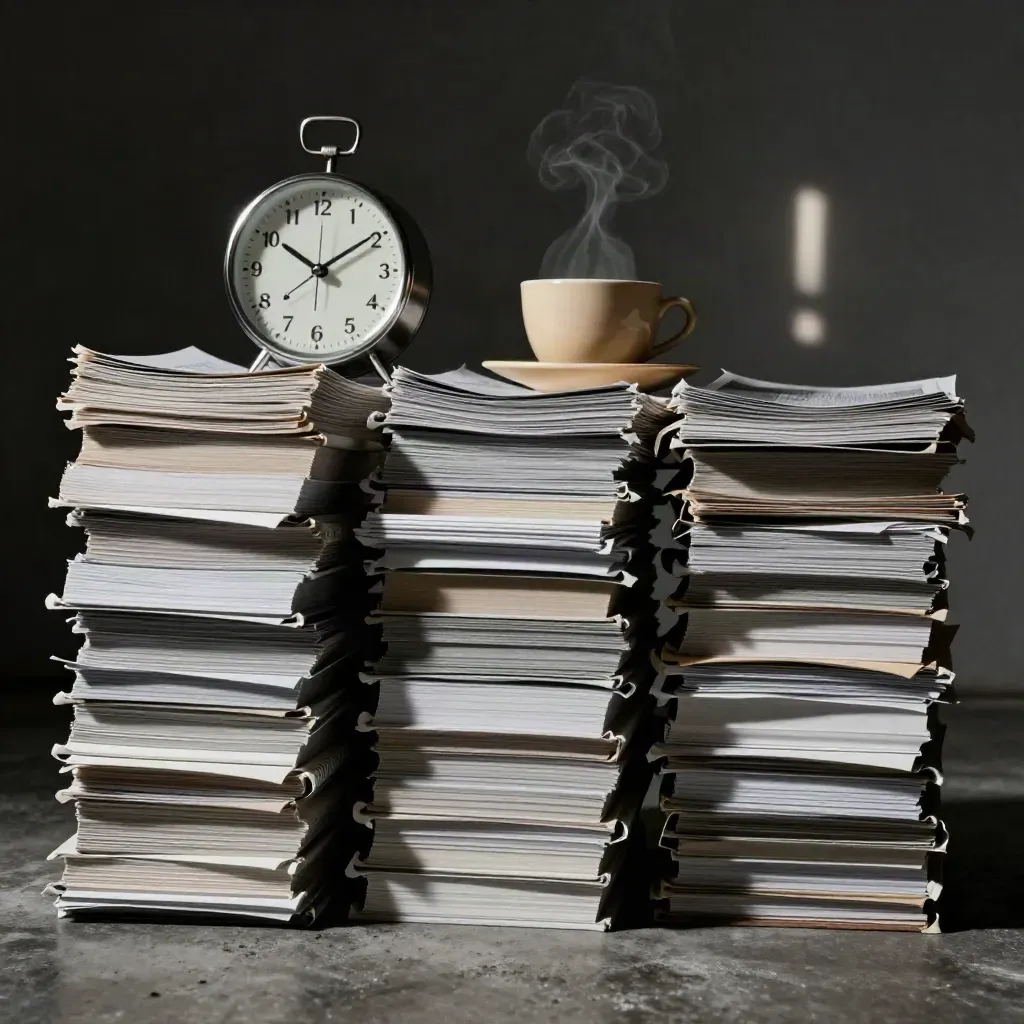 Drei Papierstapel, Uhr, Tasse und Lichtschlitz in dunkler Nachrichtenstimmung