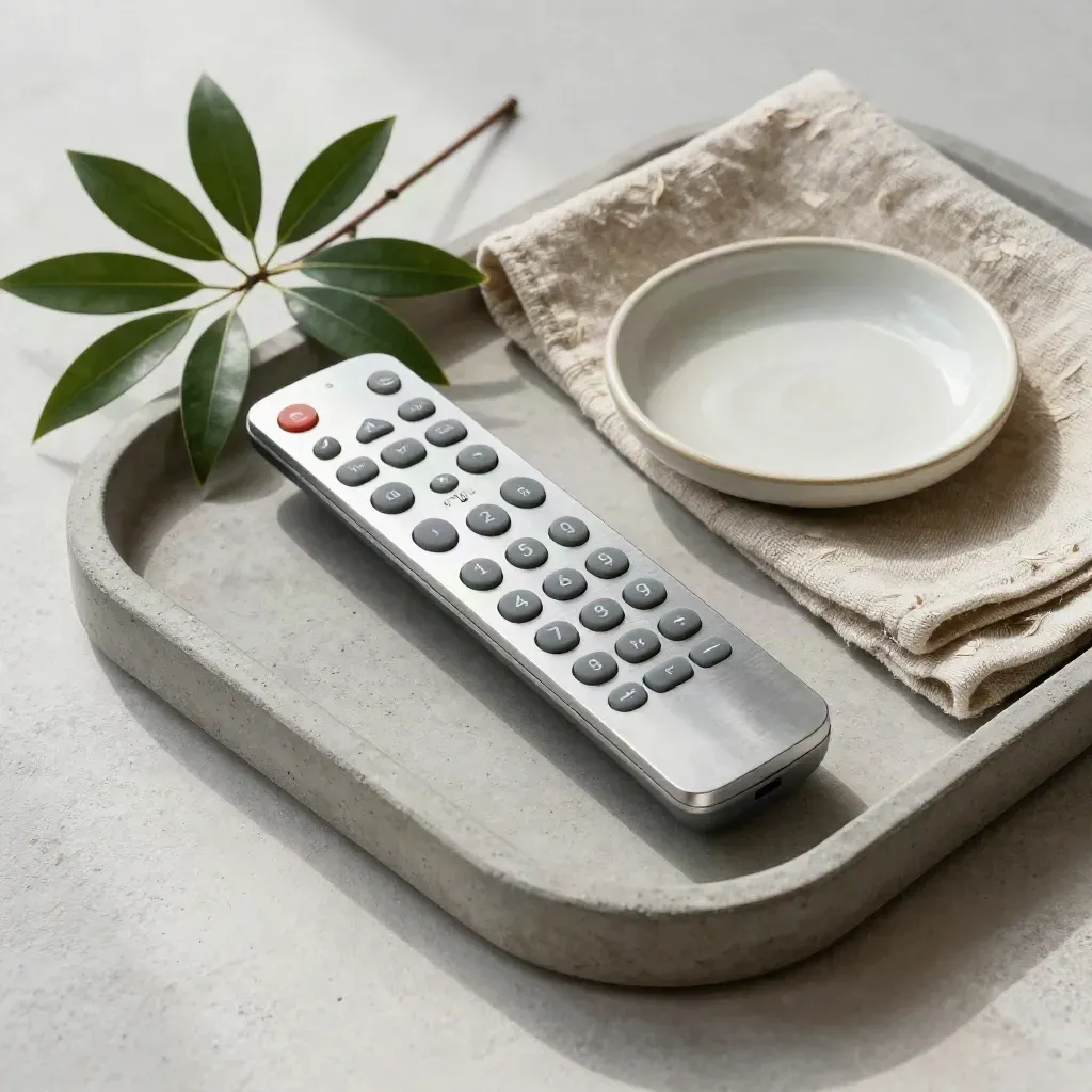 Silberne Fernbedienung mit Ficuszweig, Leinentuch und Schale auf hellem Steintray.