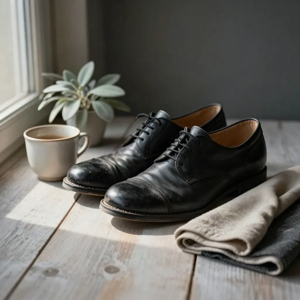 Abgetragene Lederschuhe neben Keramikbecher, Blattpflanze und Wolldecke auf hellem Holz.