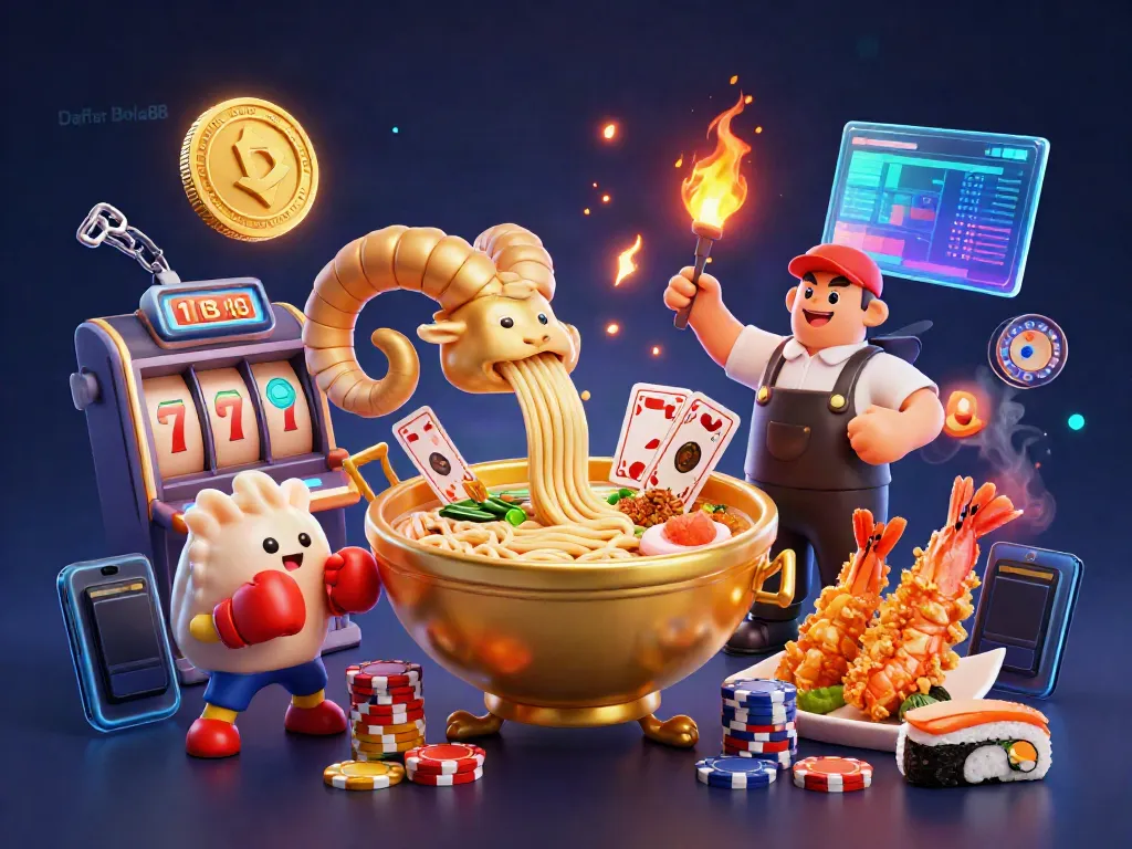 Experience thrilling gameplay with Daftar Bola88 as a golden ramen bowl interacts with vibrant betting elements in a dynamic casino scene.