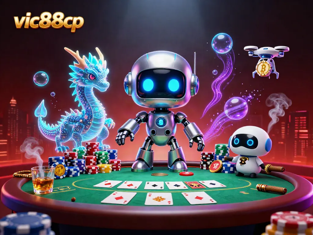 Experience exciting poker gameplay at vic88cp with 3D cartoon characters in a vibrant casino scene.