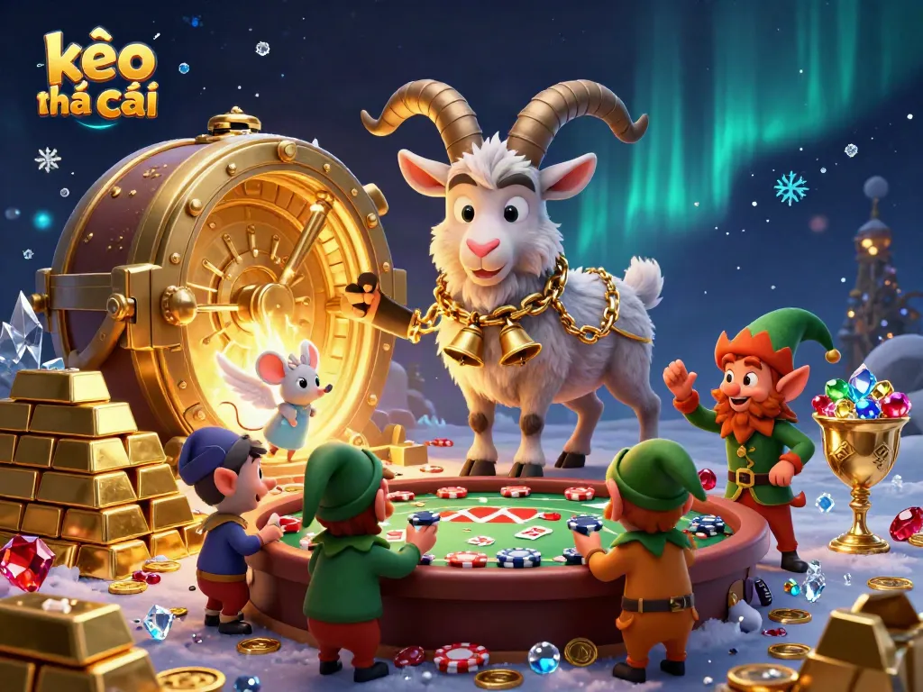 Engaging scene of kèo nhà cái featuring Krampus goat, angel mouse, and elf gremlins in a lively casino atmosphere.