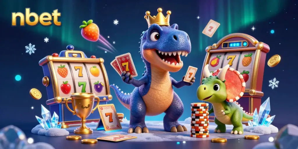 Engage with nbet gaming as a playful T-Rex shuffles cards and dino friends stack chips in a vibrant casino scene.