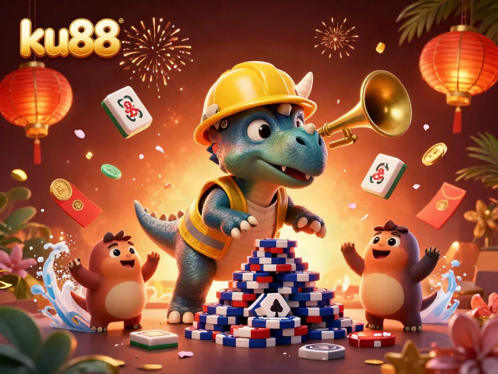 Experience excitement with ku88 as cheerful characters celebrate a vibrant casino scene filled with games.