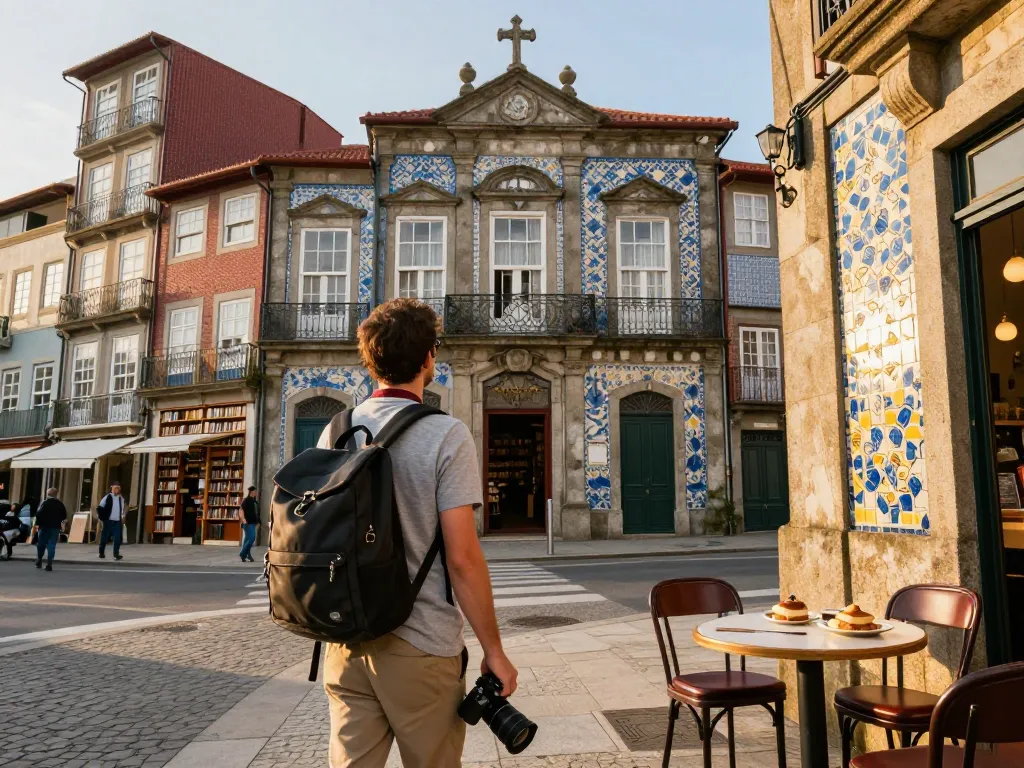 Reisetipps Porto mit einem Reisenden, der die lebhaften Straßen, die ikonische Livraria Lello und lokale Gebäckspezialitäten genießt.