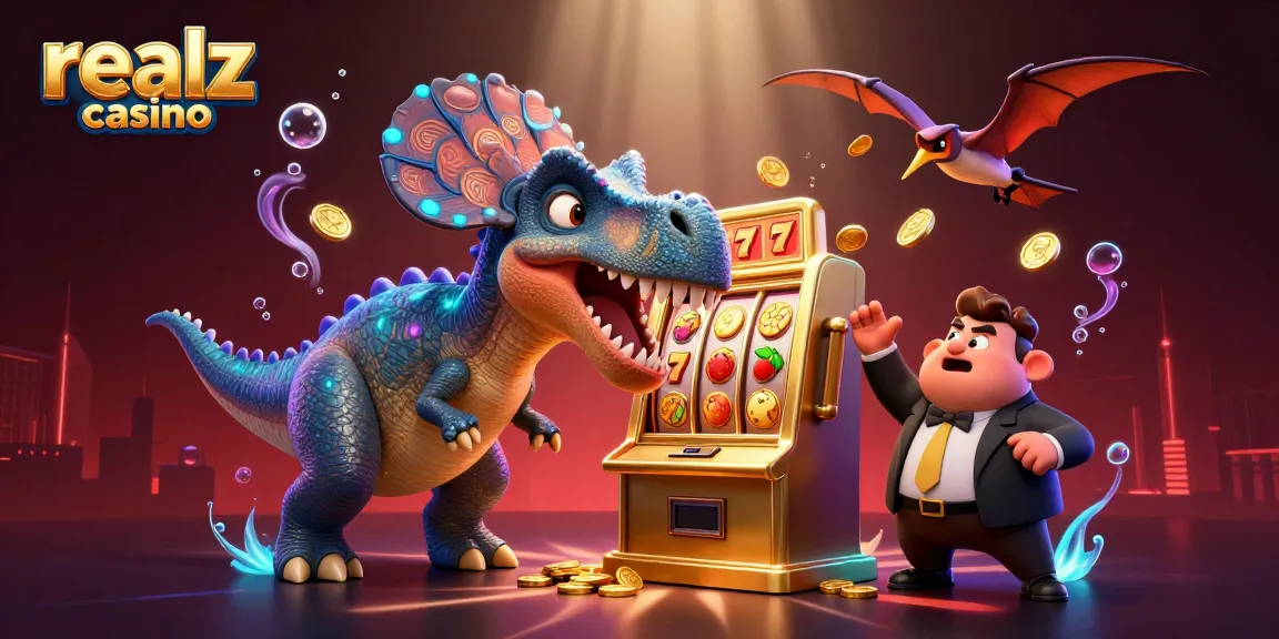 Experience the excitement of realz casino with a dinosaur-themed jackpot scene bursting with coins.