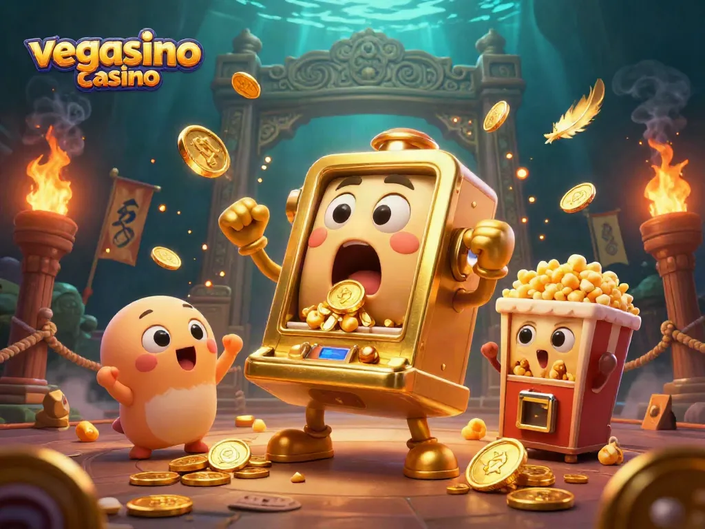 Experience thrilling moments at vegasino casino with a golden slot machine celebrating its jackpot.