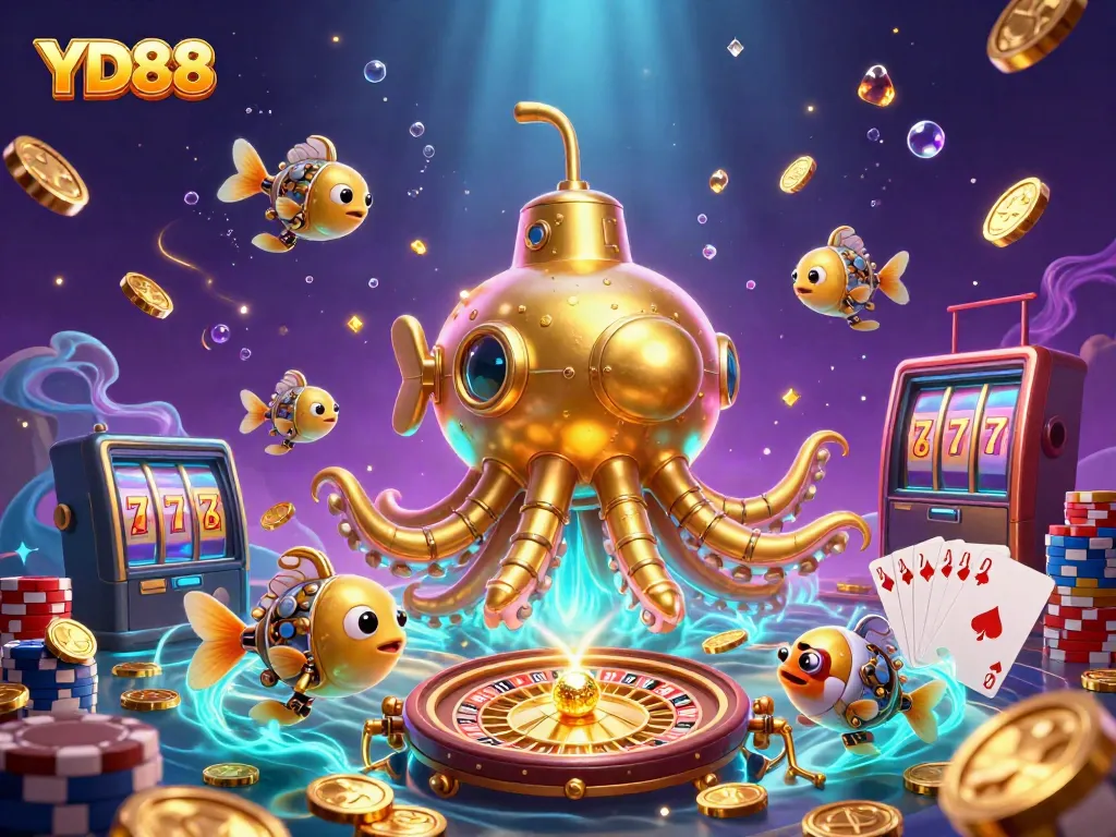 Engage in thrilling gaming with YD88 as the golden kraken surfaces among coins, roulette, and cards.