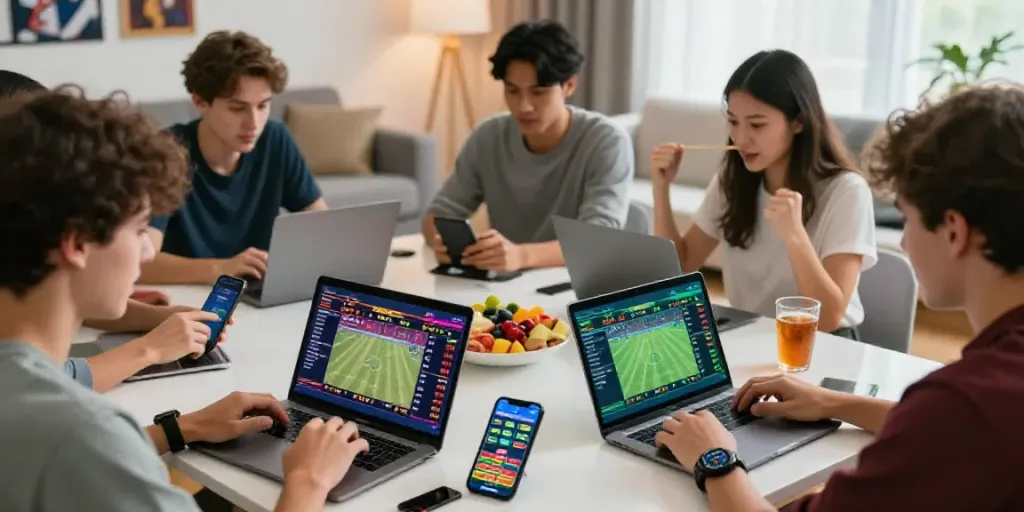 Group enjoying sports betting experience with Alternatif Bola88 in a vibrant setting.