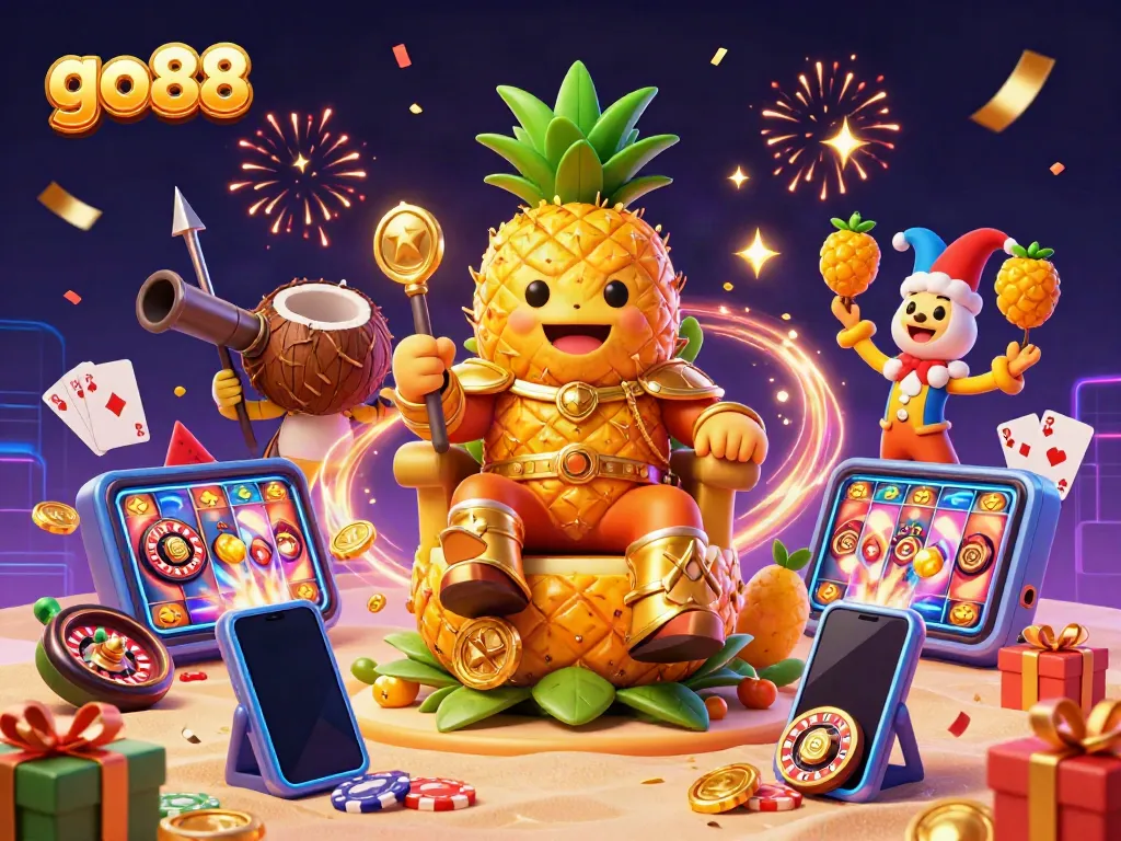 Experience the excitement of go88 with a whimsical 3D illustration of a pineapple king and dynamic gaming elements.