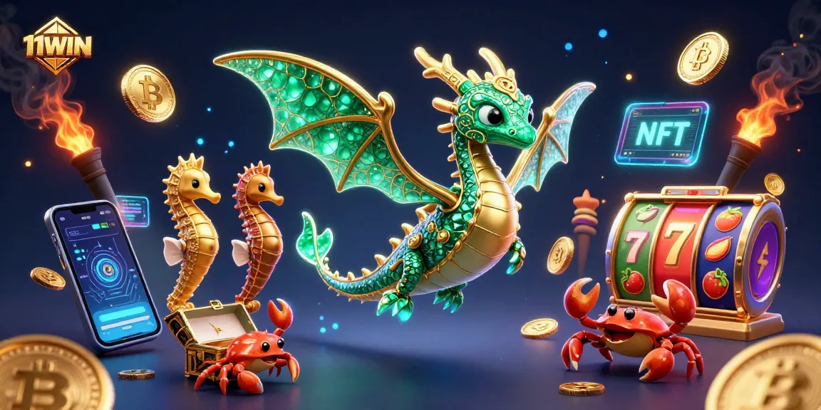 Experience the excitement of 11WIN with vibrant slot games and crypto elements in a dazzling 3D scene.