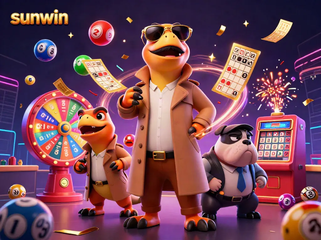 Experience sunwin excitement as cartoon raptors try to enter a VIP casino lounge amidst vibrant gaming elements.