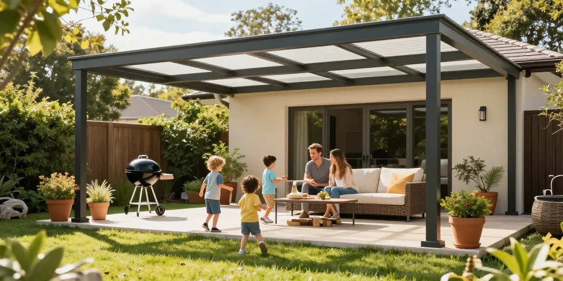 Freistehende Terrassenüberdachung bei sonnigem Wetter mit spielenden Kindern im Garten.