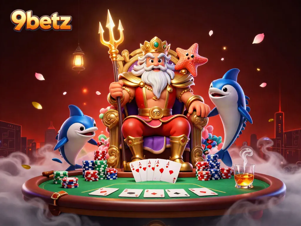 Engage with 9betz in this 3D cartoon illustration showcasing a lively casino atmosphere centered around poker and festive elements.