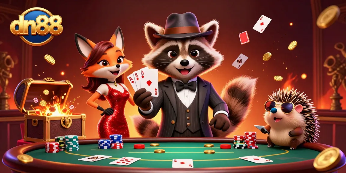 Play poker and win at dn88 with a suave raccoon, charming fox lady, and hedgehog bouncer!