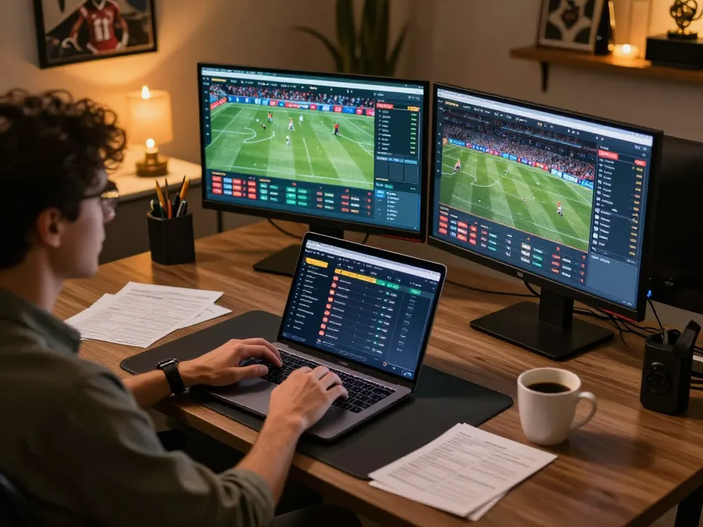 Soi keo nha cai at online betting setup with live sports events displayed on multiple screens and betting notes.