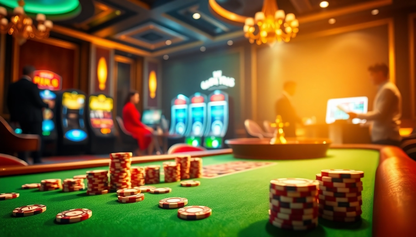 Engaging scene of Nhà cái U888 showcasing poker chips, roulette wheel, and vibrant casino atmosphere.