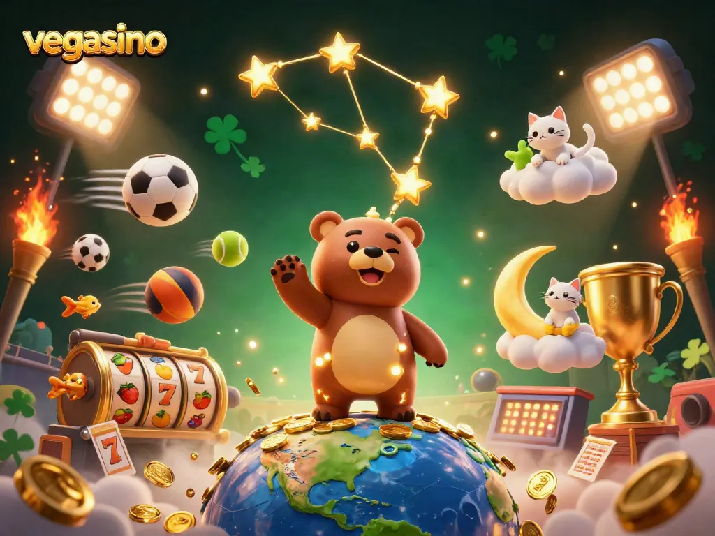 Experience the excitement of vegasino with vibrant slot reels, sports elements, and cosmic characters.