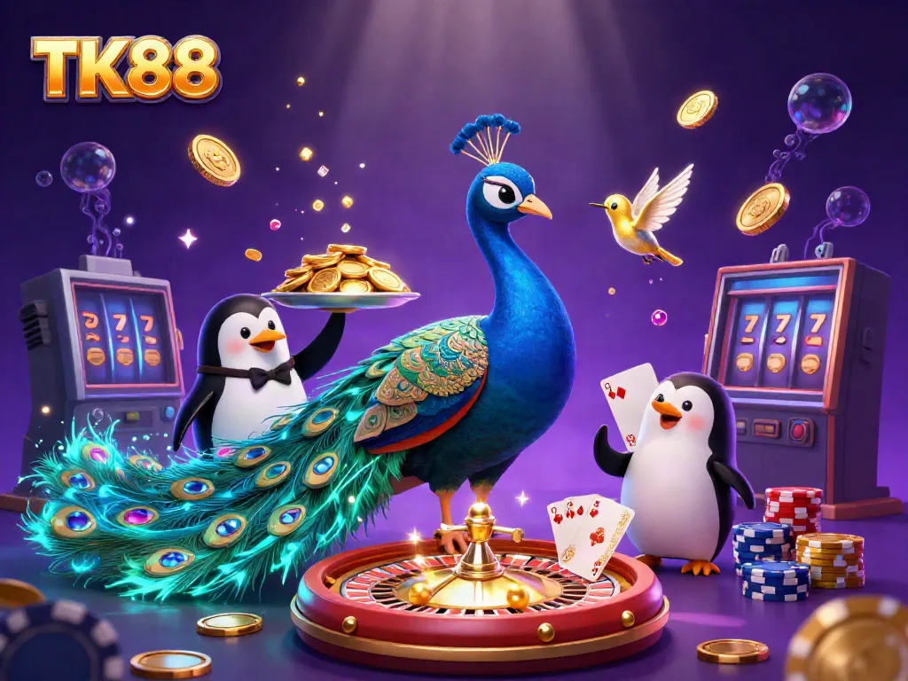 Engage in winning with TK88 at a vibrant casino scene featuring a peacock, penguin, and hummingbird.