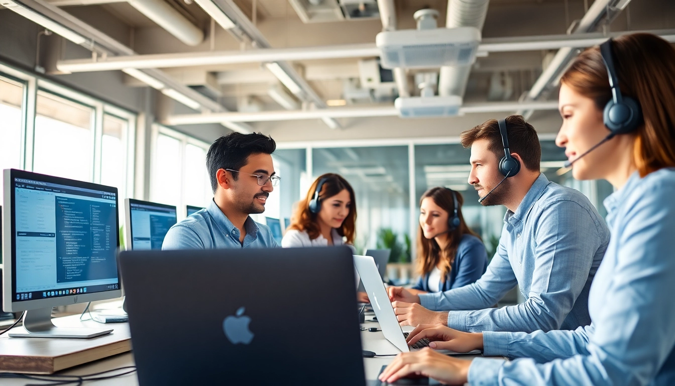 IT Support team assisting clients in a modern office workspace.