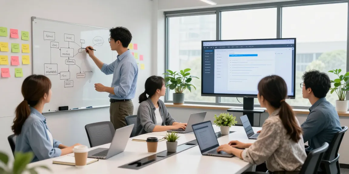 Build internal tools with AI in a collaborative office setting showcasing diverse professionals engaging in tool development.