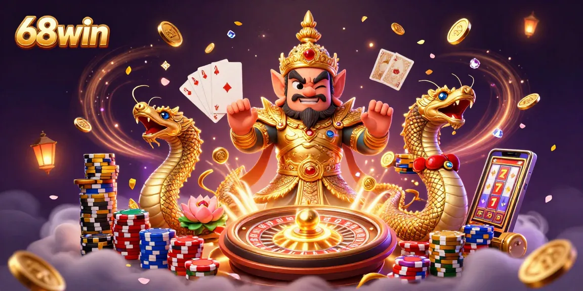 Experience the allure of 68win casino with vibrant 3D characters surrounded by dazzling gambling elements.