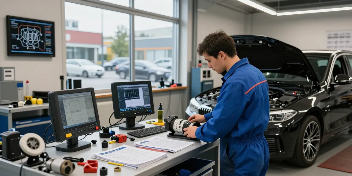 BMW Steuerkette Wechseln Hannover Service-Szene mit Mechaniker, der den Motor und Werkzeuge in der Werkstatt inspiziert.