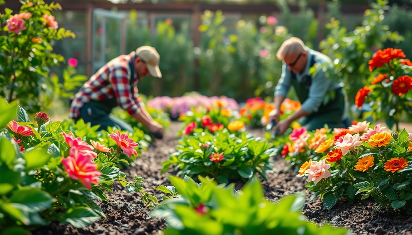 Gartenbaubetrieb mit professionellen Gärtnern in einem blühenden Garten, der Pflanzen pflegt.